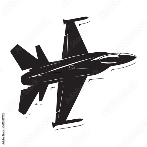 Black and white vector silhouette of a fighter jet on white background