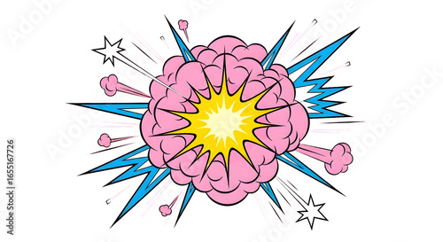 Pink brain exploding with light and energy isolated on transparent background