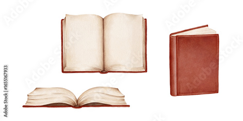 watercolor illustration set featuring three books in different positions – open book, side view, and closed book with a brown cover. Perfect for education-themed designs, reading club graphics, teache