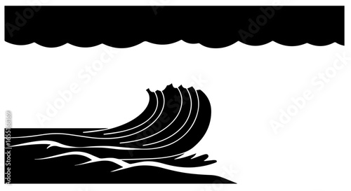 Minimalist black and white vector illustration of a powerful stylized ocean wave breaking under a dark sky.