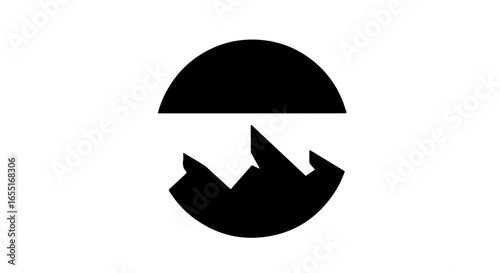 Minimalist black circular icon with a mountain range silhouette reflected under a solid semicircle.