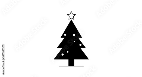 Minimalist black Christmas tree icon with a line art star topper and dot ornaments.