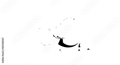 Minimalist black graphic illustration of a running reindeer with abstract antlers.