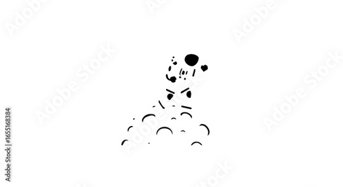 Minimalist black graphic of a fragmented astronaut dissolving into abstract curved shapes.