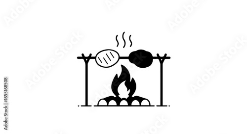 Minimalist black icon of meat grilling on a rotisserie spit over a roaring campfire.