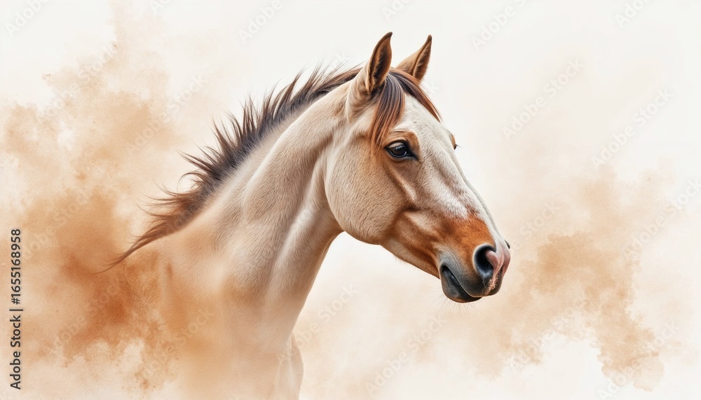 Obraz premium Majestic horse standing amidst a cloud of dust in soft focus