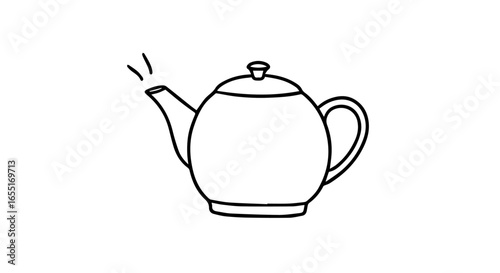 Minimalist black outline illustration of a classic round teapot with a lid and steaming spout.