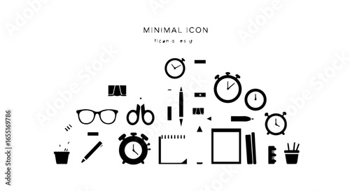 Minimalist black silhouette icon collection of office supplies clocks and stationery items.
