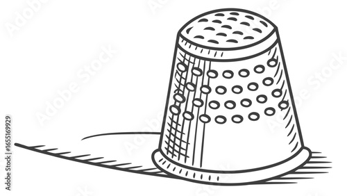 A detailed line drawing of a thimble with a shadow cast on a white background illustration style