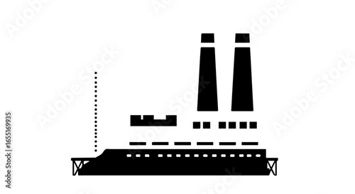 Minimalist black silhouette icon of an industrial factory with two large smokestacks.