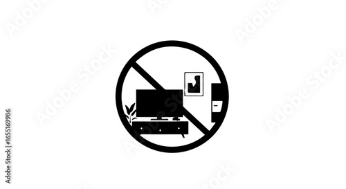 Minimalist black silhouette icon prohibiting television and living room entertainment.