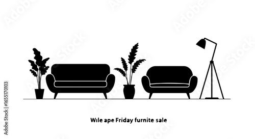 Minimalist black silhouette illustration of a modern living room furniture set with plants and a floor lamp.