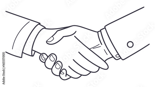 Outline drawing of a handshake between two people wearing suits with a white background shown here