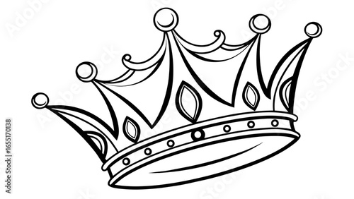 An intricate black and white line drawing of a royal crown with decorative elements and rounded finials