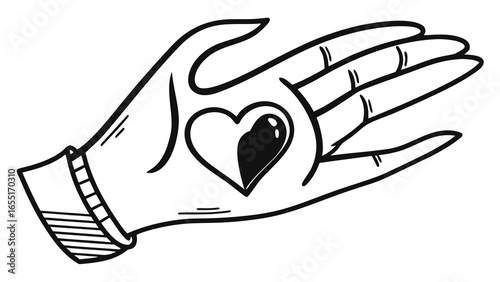 Hand drawn illustration of a hand holding a heart with a dark filled portion inside the heart shape