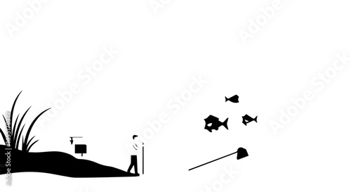 Minimalist black silhouette illustration of a person observing fish with a net and monitoring equipment.