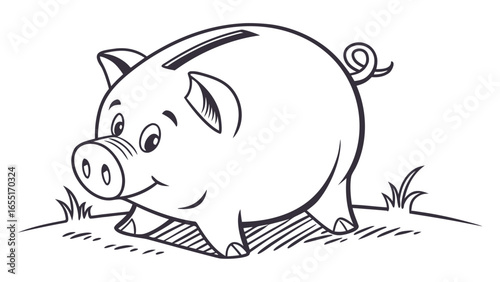 Illustration of a cartoon piggy bank with a curly tail standing on grass in black and white