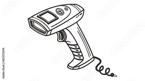 Illustration of a handheld barcode scanner with a coiled cable in black and white line art