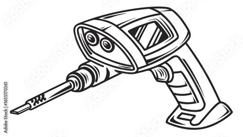 Illustration of a soldering iron with a handle and a tip in a black and white outline style design