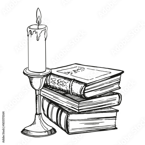 monochrome vector antique books, folios, witchcraft, magic equipment, candle in candlestick, black and white illustration of science, mystic theme, hand drawn sketch for fairy tale drawing