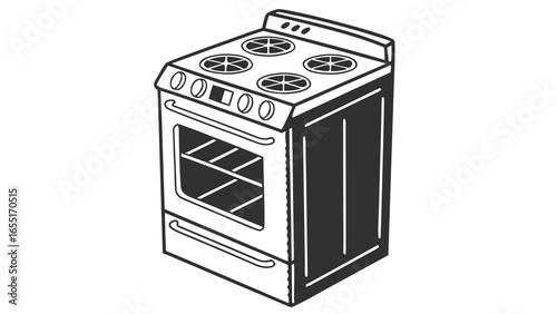 Isometric line drawing of a kitchen stove with four burners and an oven with racks visible