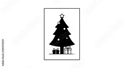 Minimalist black silhouette of a Christmas tree with a star topper and gifts a simple line art holiday illustration.