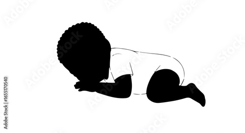 Minimalist black silhouette of a crawling baby with a large textured afro hairstyle.