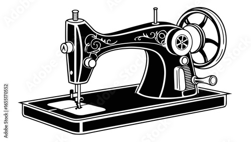 Illustration of a vintage sewing machine with decorative details in black and white color scheme