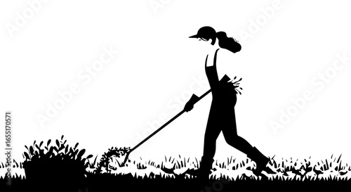 Minimalist black silhouette of a female gardener in a cap and overalls raking a grassy lawn.