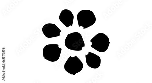Minimalist black silhouette of a flower made from eight irregular notched seeds.