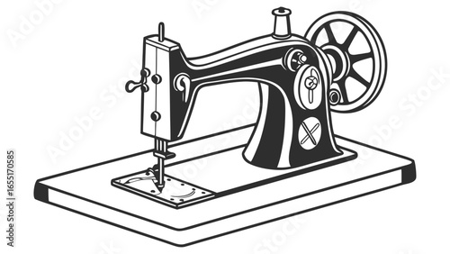 Illustration of a vintage sewing machine with a wheel and a needle on a wooden base platform