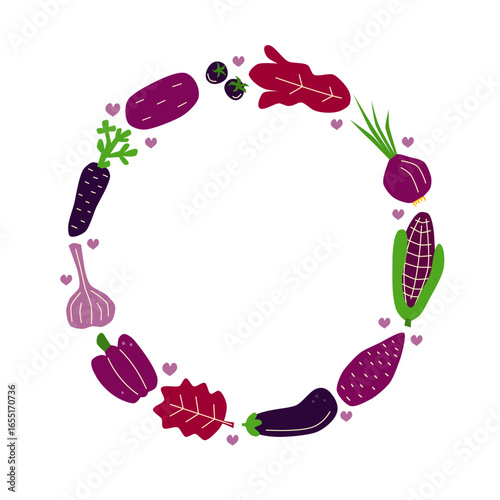 Cute hand drawn flat purple vegetables composed in circle shape isolated on white background. Violet vitamin food in modern style. Healthy vegetarian nutrition. Autumn harvest farm festival.