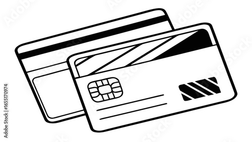 Two credit cards are stacked on top of each other with a chip and stripe visible in a line drawing