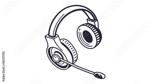 Illustration of a black and white headset with microphone for communication and listening to audio content