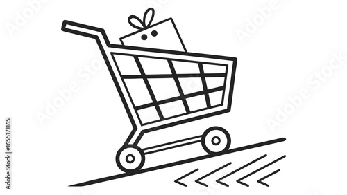 Outline drawing of a shopping cart with a gift box inside moving down a hill with motion lines
