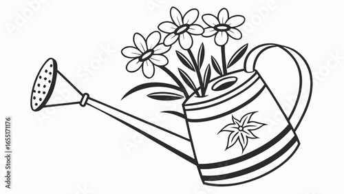 A watering can with flowers in it and a flower design on the side with a handle and a spout design