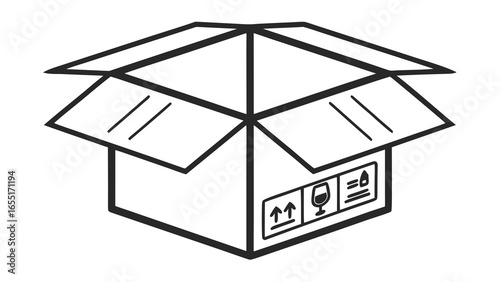 Open cardboard box with shipping symbols and fragile wine glass icon in black and white outline style