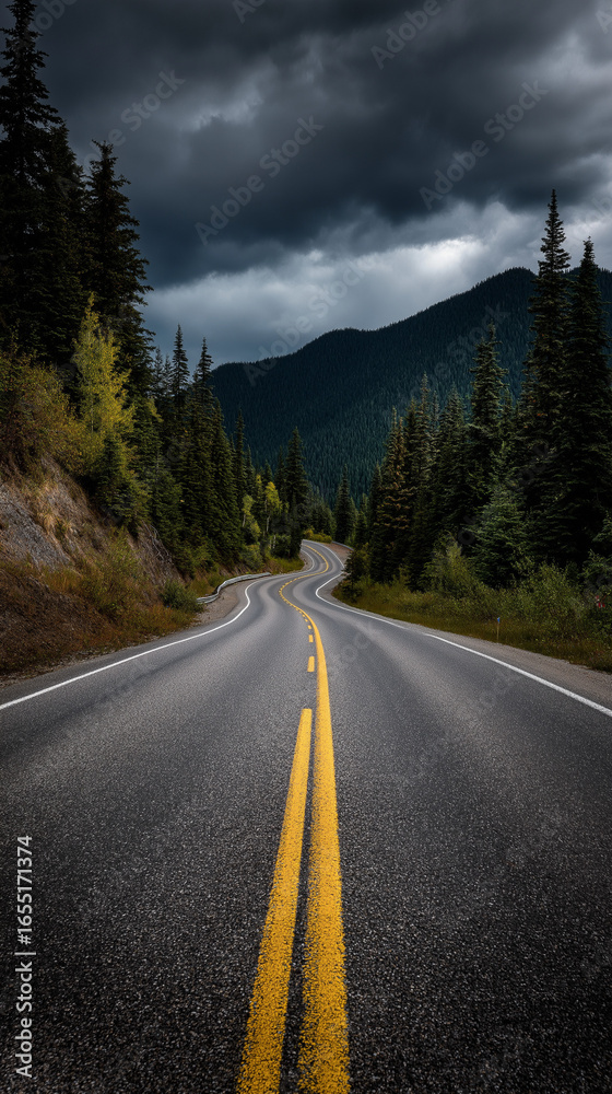Fototapeta premium Winding road through a forest under a stormy sky in vertical shot