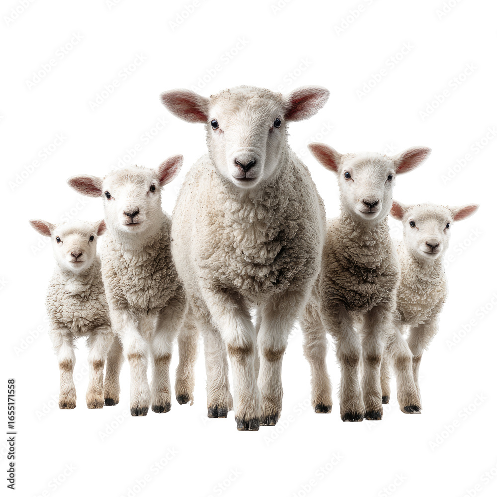 Fototapeta premium Five fluffy white lambs stand close together, staring forward, with a black background