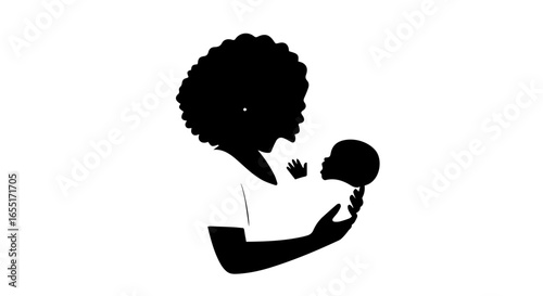 Minimalist black silhouette of a mother with an afro hairstyle lovingly holding her newborn baby.