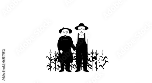 Minimalist black silhouette of an elderly farmer couple holding hands standing in a cornfield.