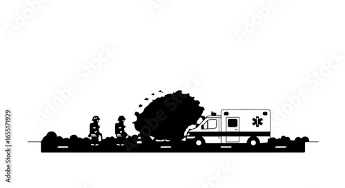 Minimalist black silhouette of an emergency rescue scene with firefighters and an ambulance.