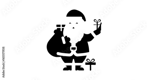 Minimalist black silhouette of Santa Claus holding a gift and carrying a sack of presents Simple stylized Christmas character graphic.