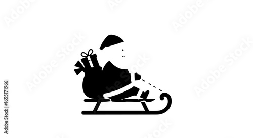 Minimalist black silhouette of Santa Claus riding in a sleigh with a sack of gifts.