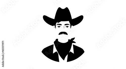 Minimalist black silhouette portrait of a mustachioed cowboy wearing a hat and bandana.
