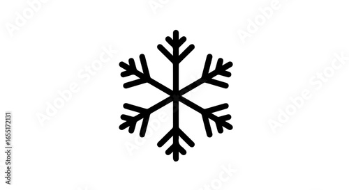 Minimalist black snowflake icon with six symmetrical branches and rounded tips.