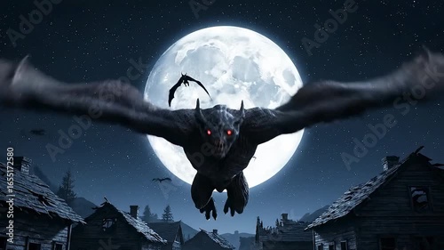 A terrifying winged creature with glowing red eyes flies through the night sky in front of a large full moon, casting a shadow over a small village below.