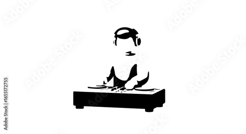 Minimalist black stencil graphic of a DJ wearing headphones and mixing music on a turntable deck.