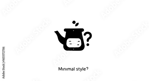 Minimalist black teapot icon with a question mark handle and an abstract face.