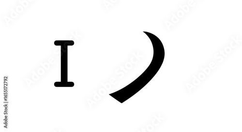 Minimalist black typographic symbols a serif capital letter I and a bold curved mark.